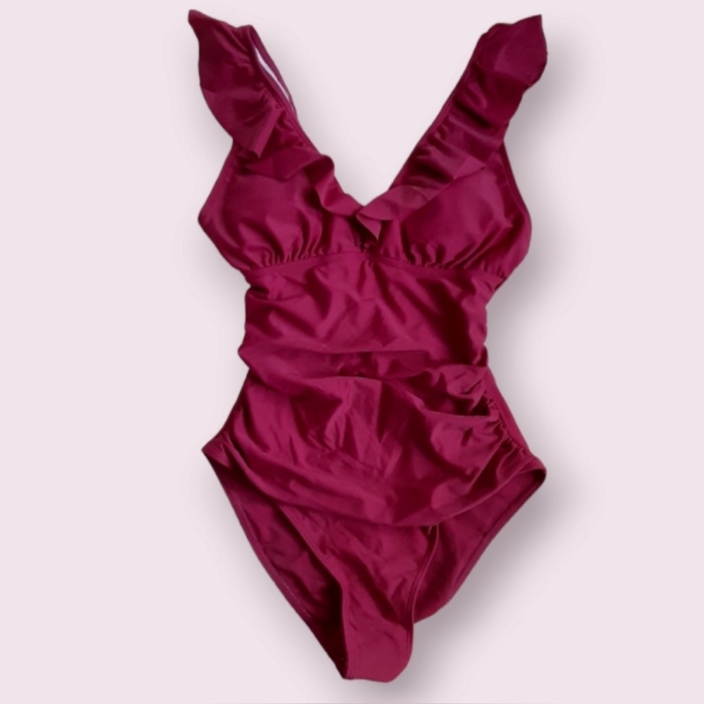 Holipick Ruffled V Neck Tummy Control Bathing Suit One Piece Swimwear Maroon L